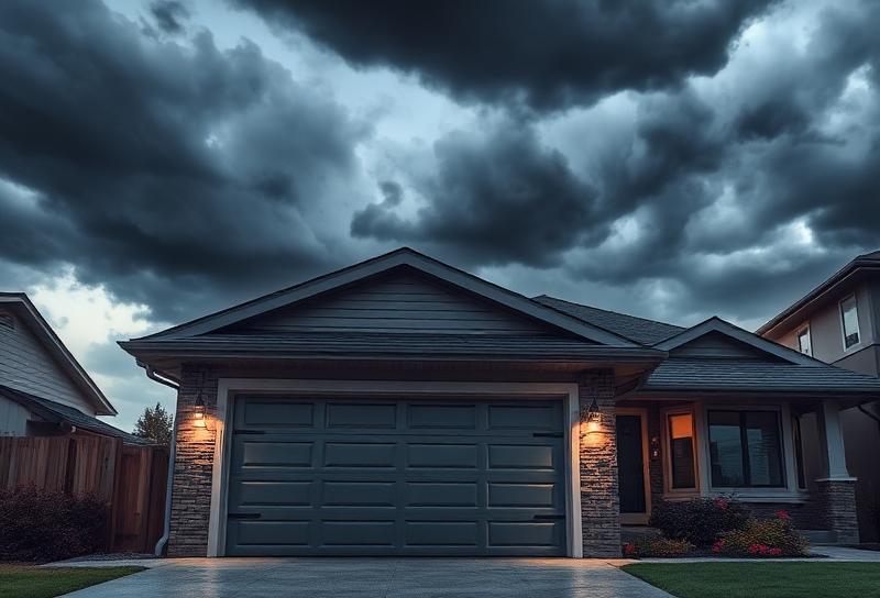 Residential garage door with approaching storm clouds